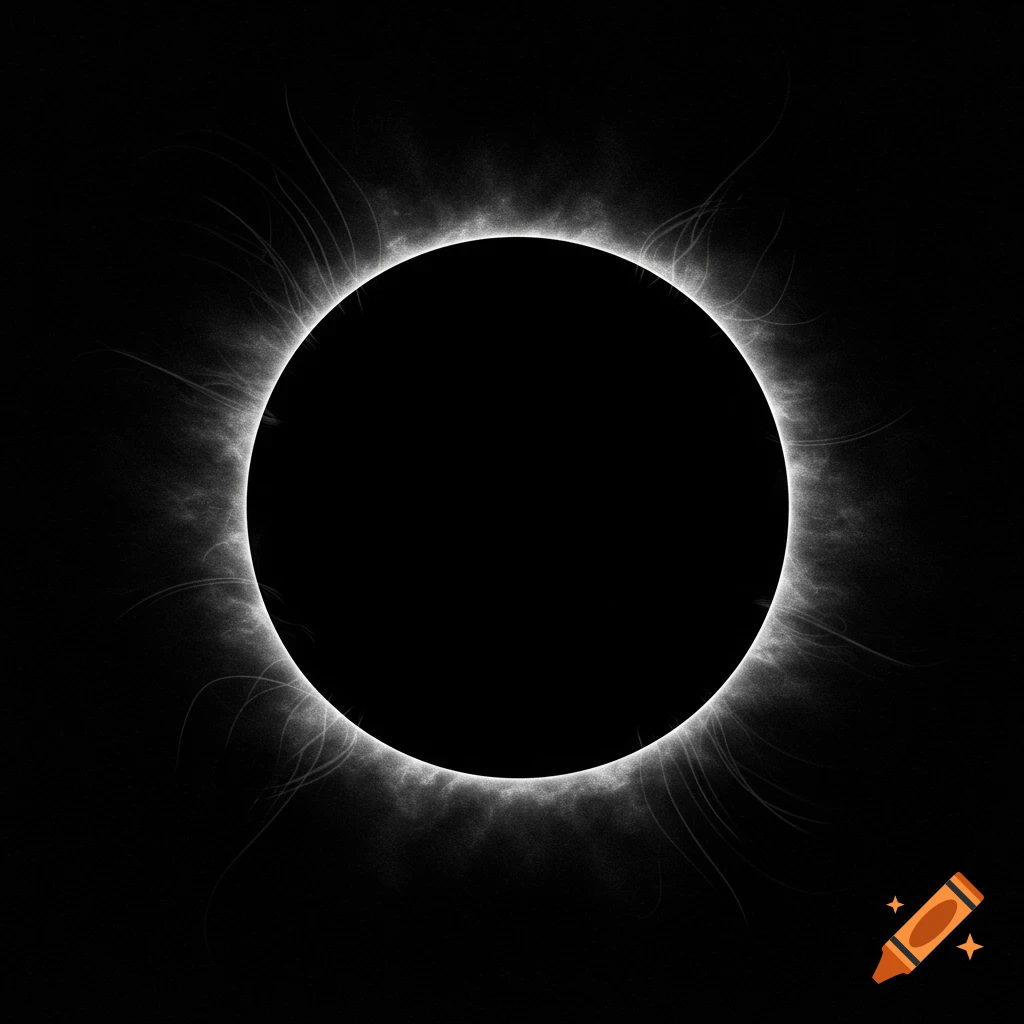 A bright white corona surrounds a black circle against a black background, resembling a total solar eclipse.