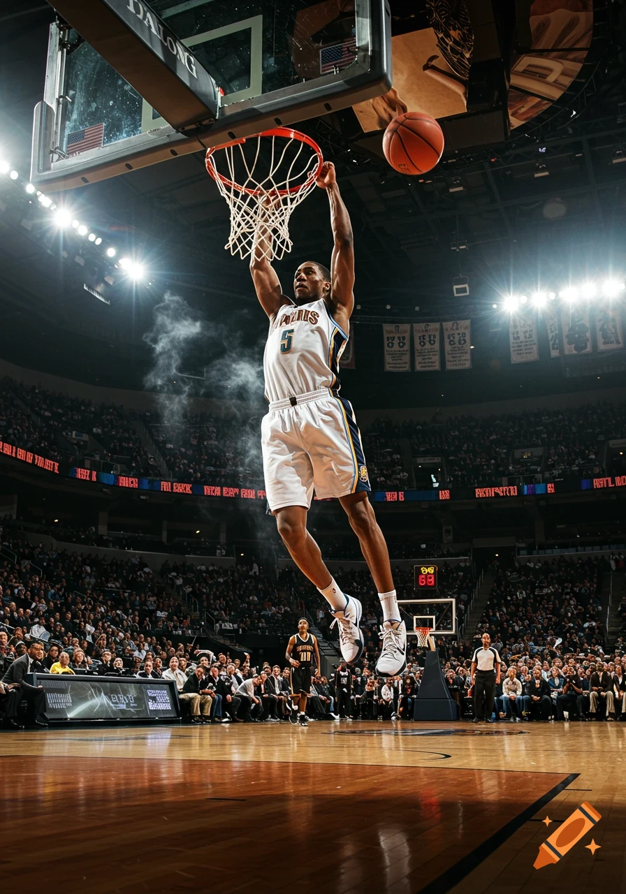 Photorealistic image of a basketball player performing a slam dunk in a packed stadium.