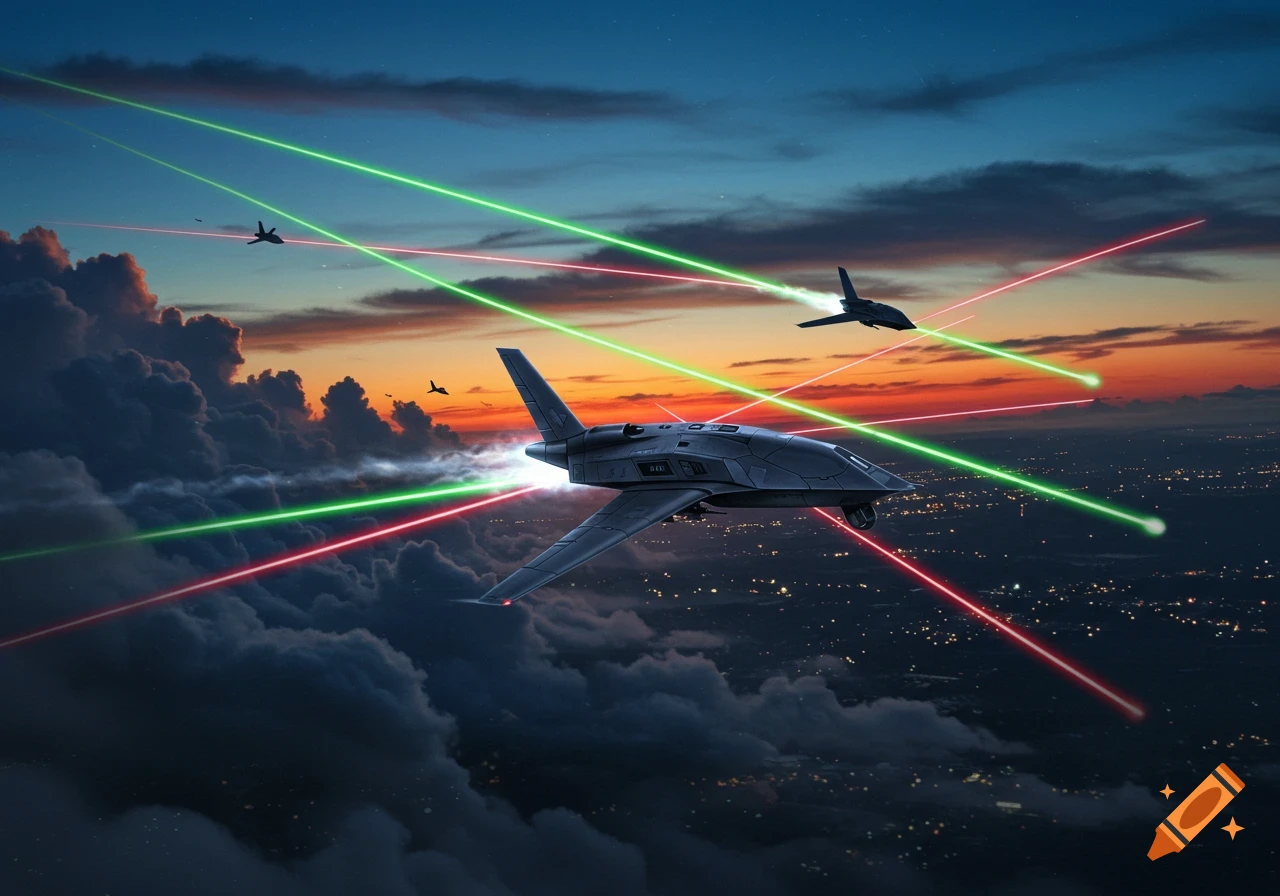 Futuristic UAVs engaged in aerial combat with red and green laser beams over a city at sunset, above clouds. Photorealistic style.