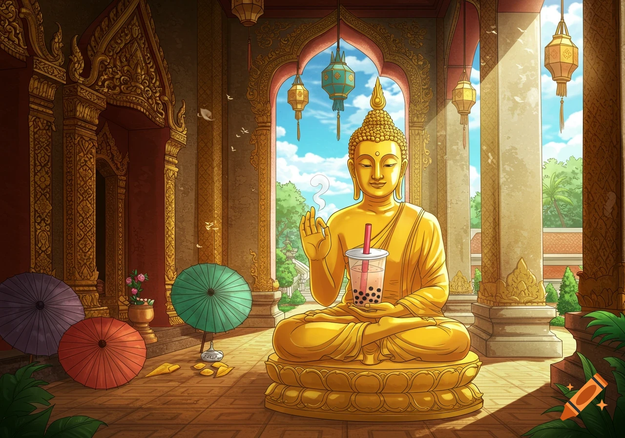A golden Buddha statue holding a bubble tea, sitting peacefully in a vibrant, cartoon-style Thai temple.