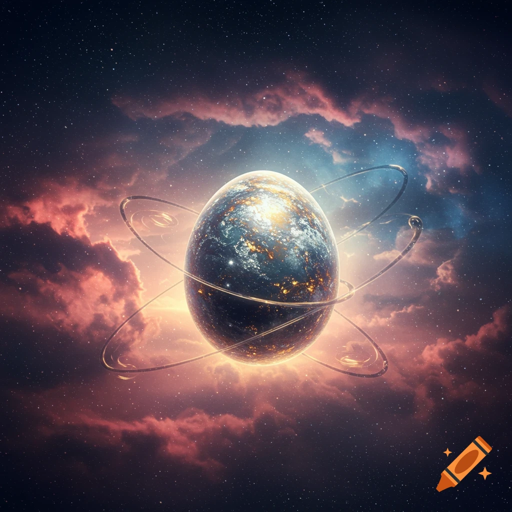 A glowing, planet-like cosmic egg with intricate rings floats amidst vibrant pink and blue nebulae and stars.