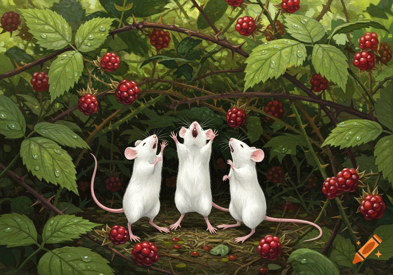 Three white mice celebrate with paws raised in a lush bramble bush full of red raspberries. Illustration.