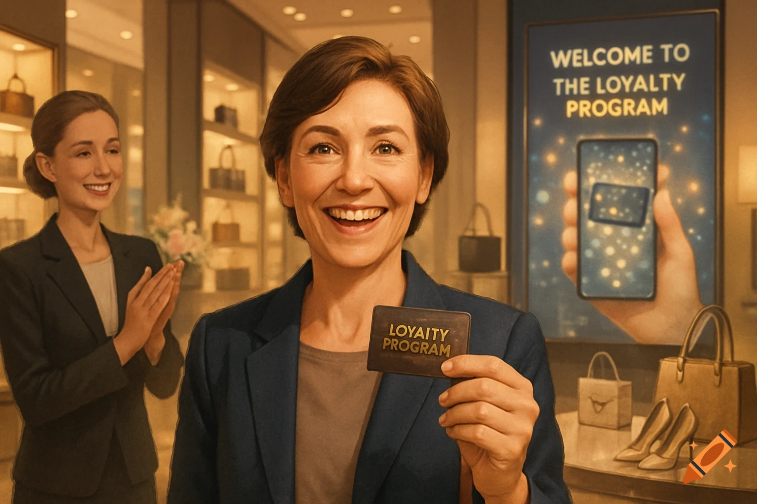 A smiling woman in a store holds a loyalty program card while another woman claps in the background. A screen displays "WELCOME TO THE LOYALTY PROGRAM".