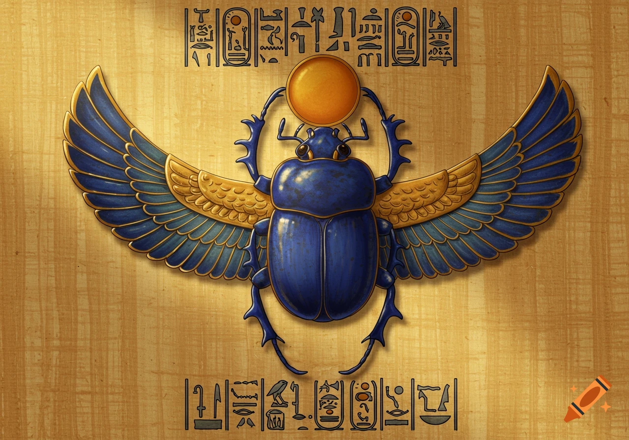 A winged blue scarab beetle with a golden sun disc on its head, centered on a textured papyrus background with hieroglyphs.