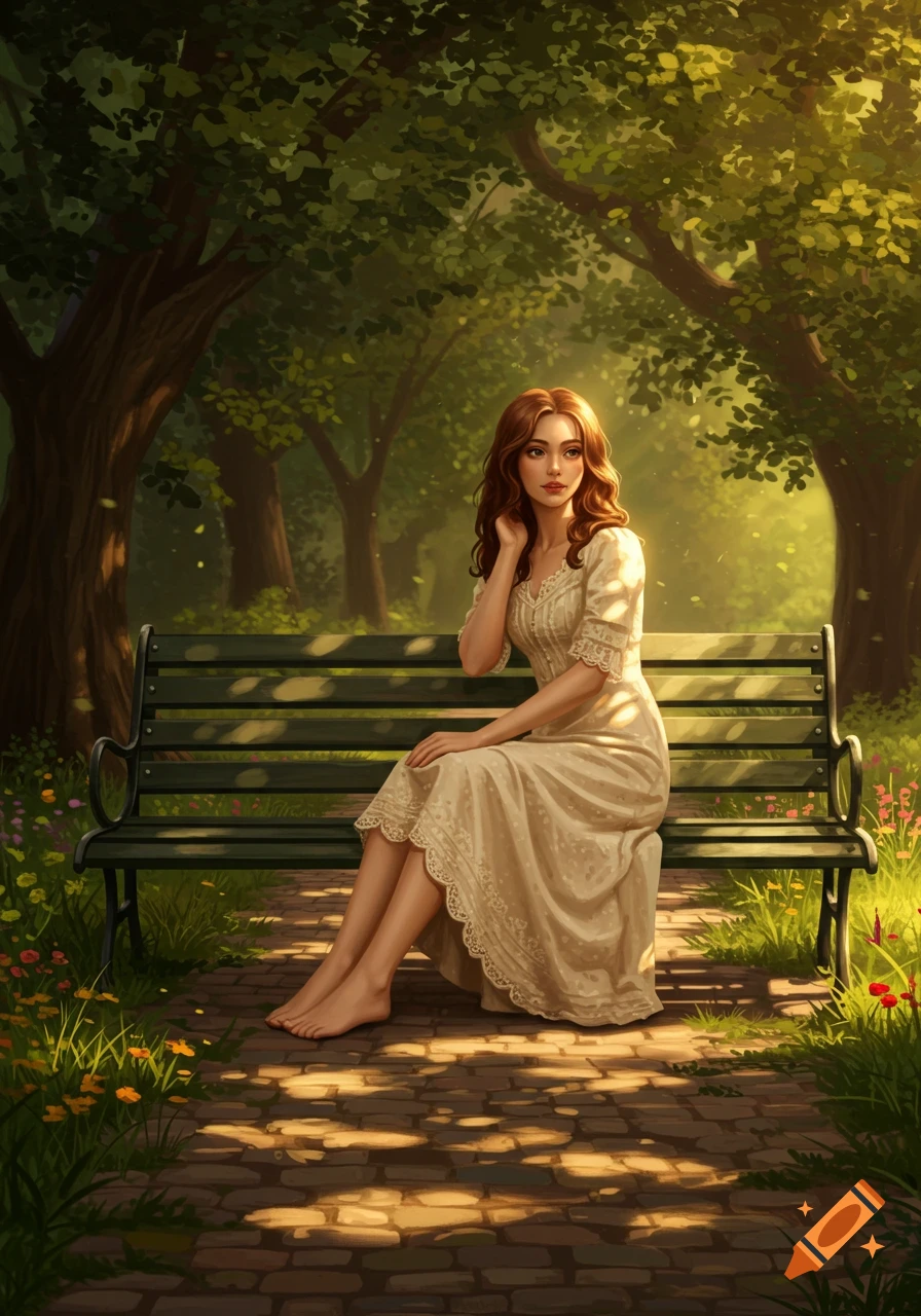 A beautiful woman with long, flowing brown hair sits barefoot on a park bench, dappled in sunlight in a lush forest.