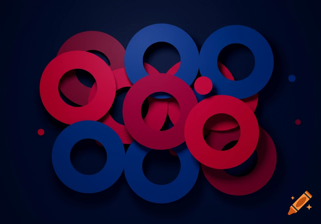 An abstract composition of overlapping red and blue concentric circles and small dots on a dark blue background.