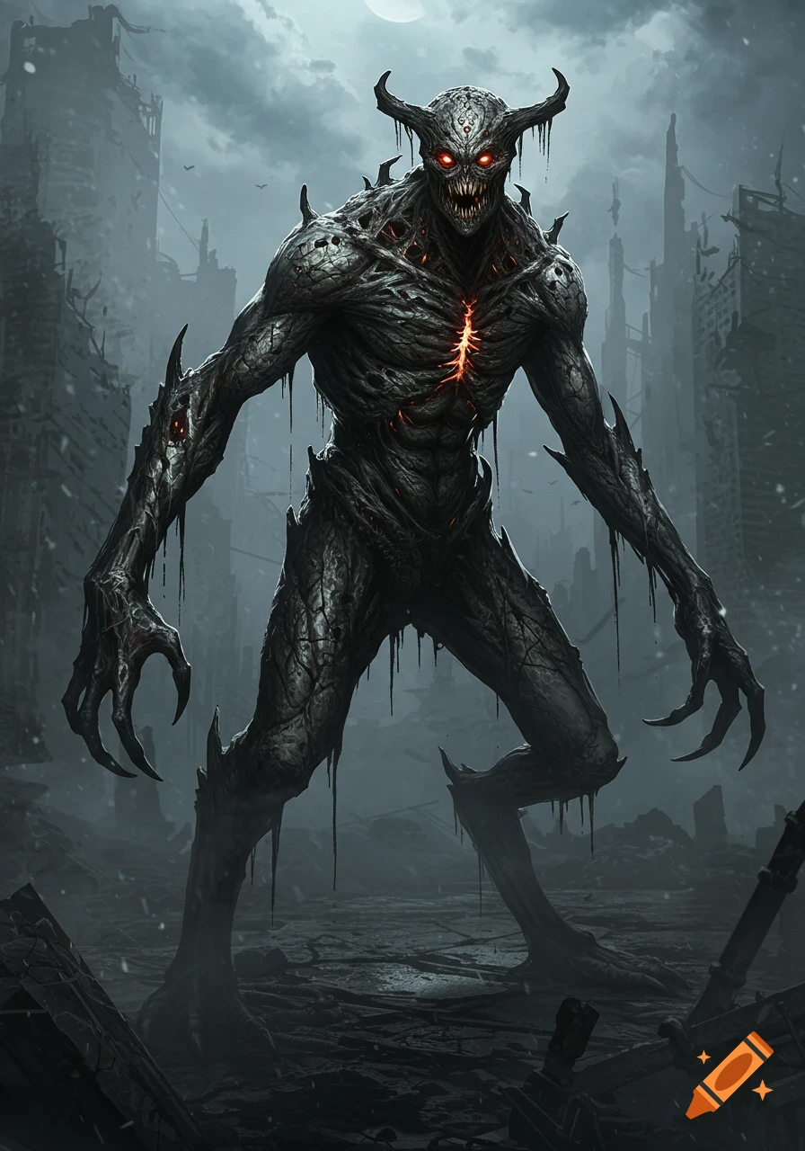A terrifying dark fantasy monster with glowing red eyes and horns stands in a ruined, apocalyptic city under a full moon.