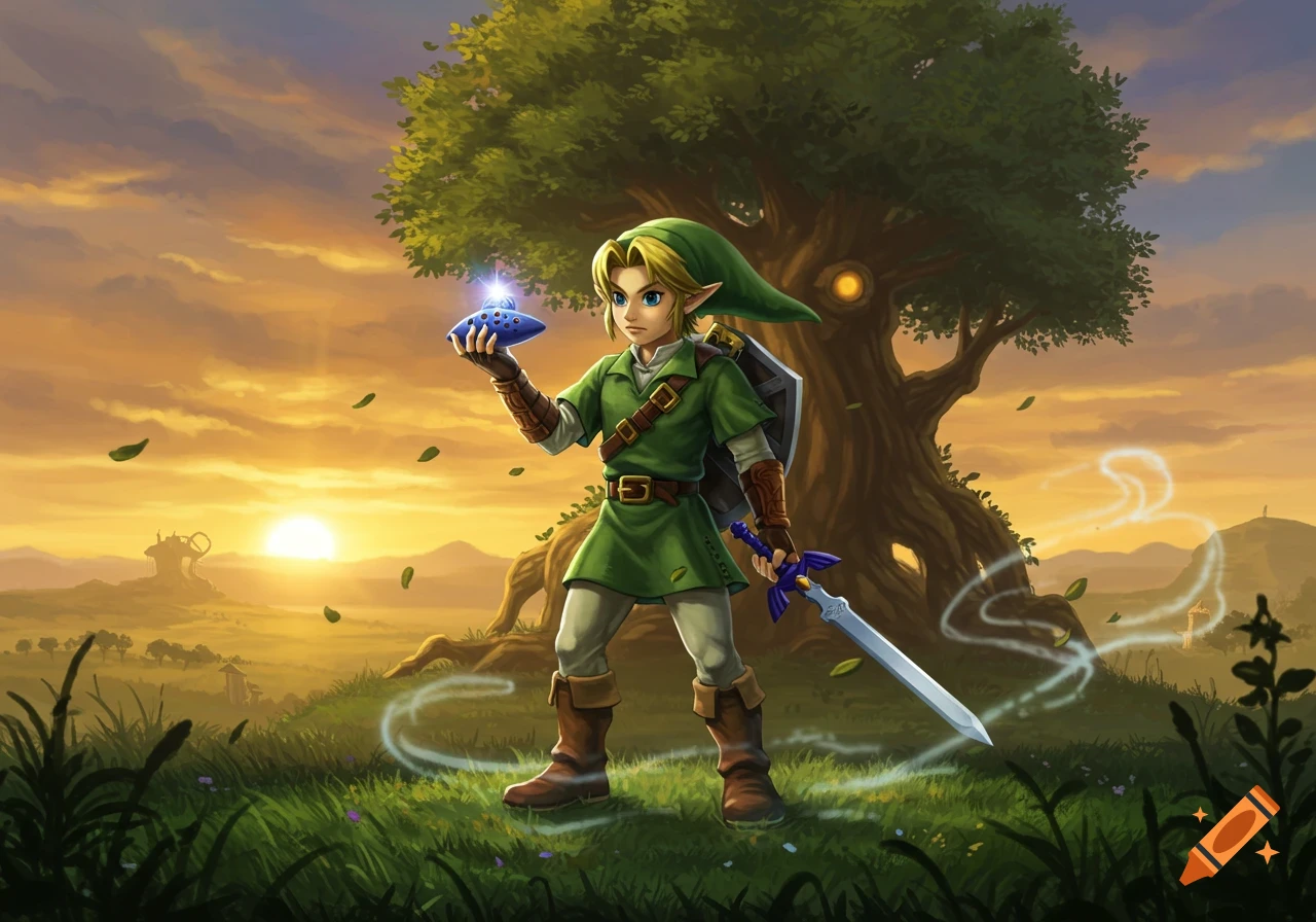 Link from Ocarina of Time stands in a grassy field at sunset, holding a blue ocarina and Master Sword, with a large tree behind him.