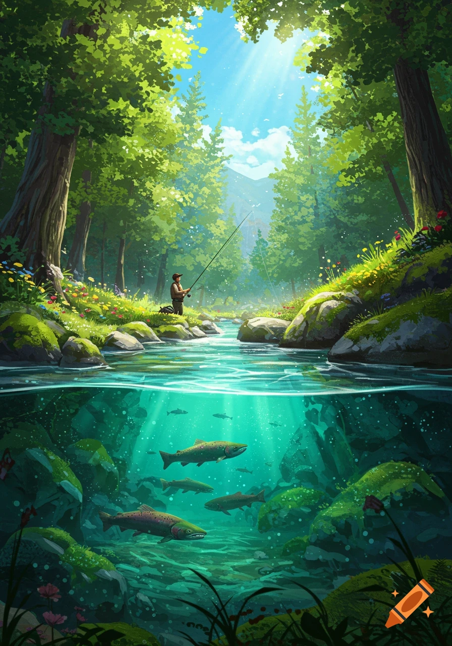 An illustration of a man fishing in a clear river flowing through a vibrant green forest, with fish visible below the water.