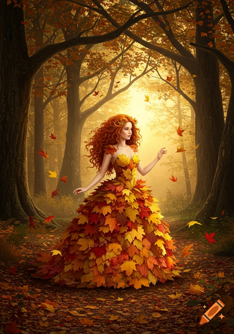A fantastical woman with long red curly hair, wearing a ball gown made of autumn leaves, stands in a sunlit forest.