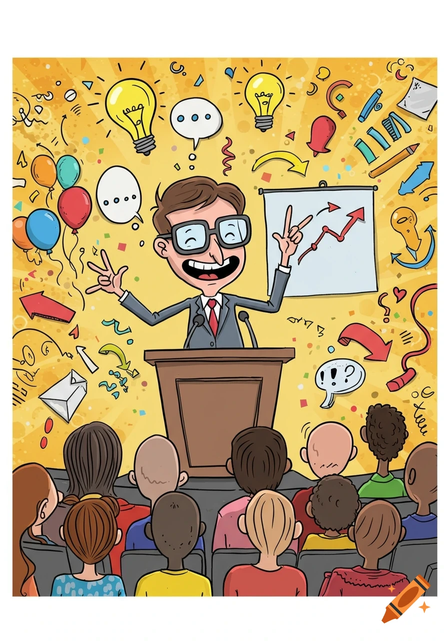 A cheerful cartoon speaker presents to an audience, surrounded by lightbulbs and arrows, representing new ideas and growth.