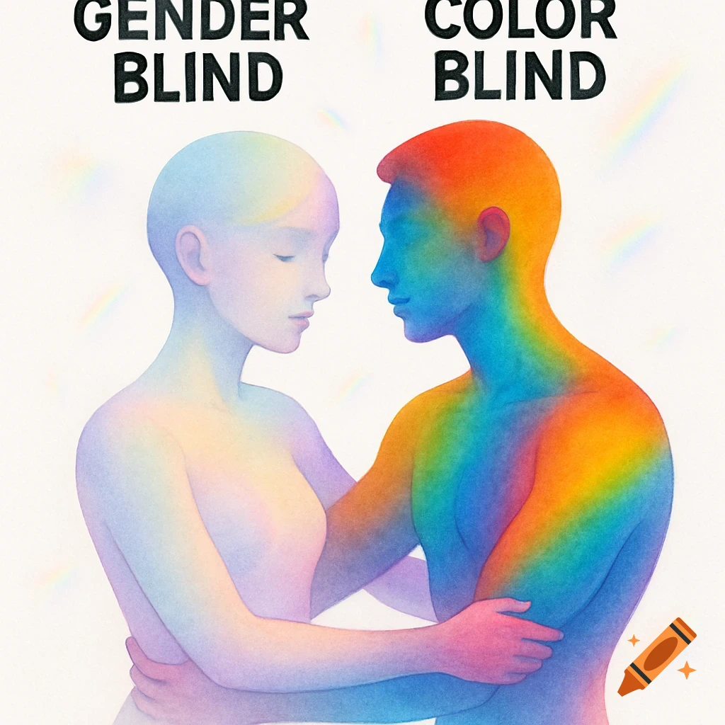 Illustration of two embracing figures, one in cool rainbow hues, the other in warm, with 'GENDER BLIND' and 'COLOR BLIND' text.