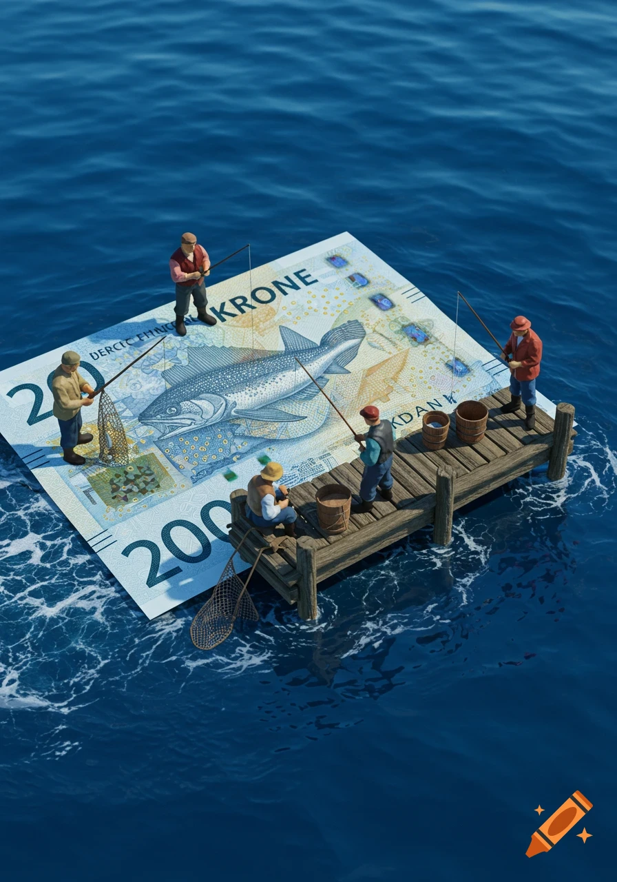 Miniature fishermen on a wooden pier fishing around a large 200 Norwegian Krone banknote floating on blue water.