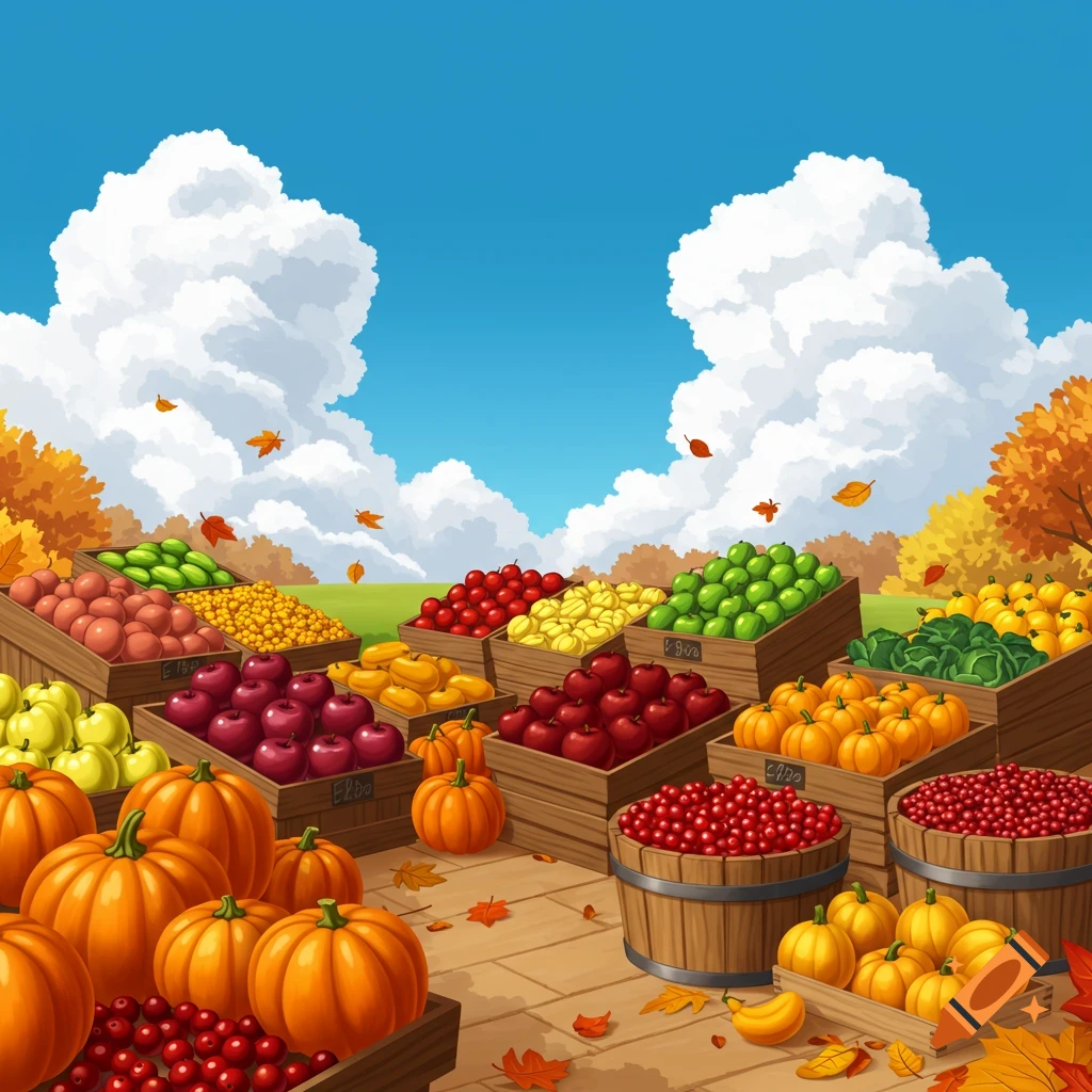 Vibrant outdoor farmers market with crates and barrels of fall produce under a blue sky with fluffy clouds, cartoon style.