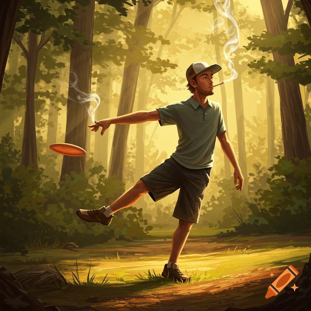 An illustrated man in a cap and shorts smokes while throwing a disc golf frisbee in a sunny forest.