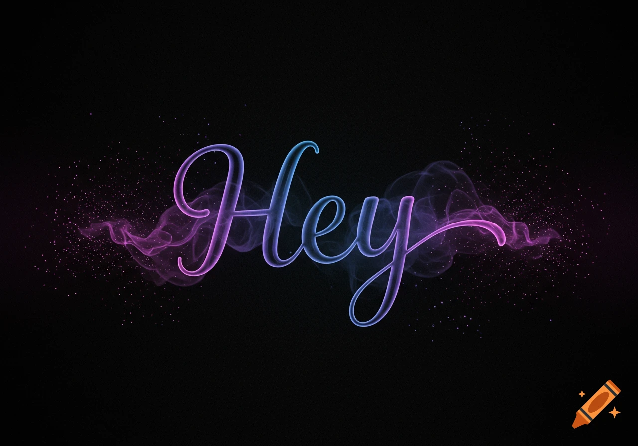 Stylized word 'Hey' in glowing blue and purple script font with smoke and particles on a black background.