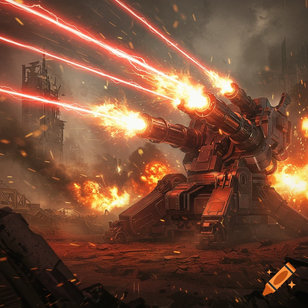 A futuristic gatling blaster cannon fires bright red-orange laser bolts amidst explosions on a war-torn sci-fi battlefield.