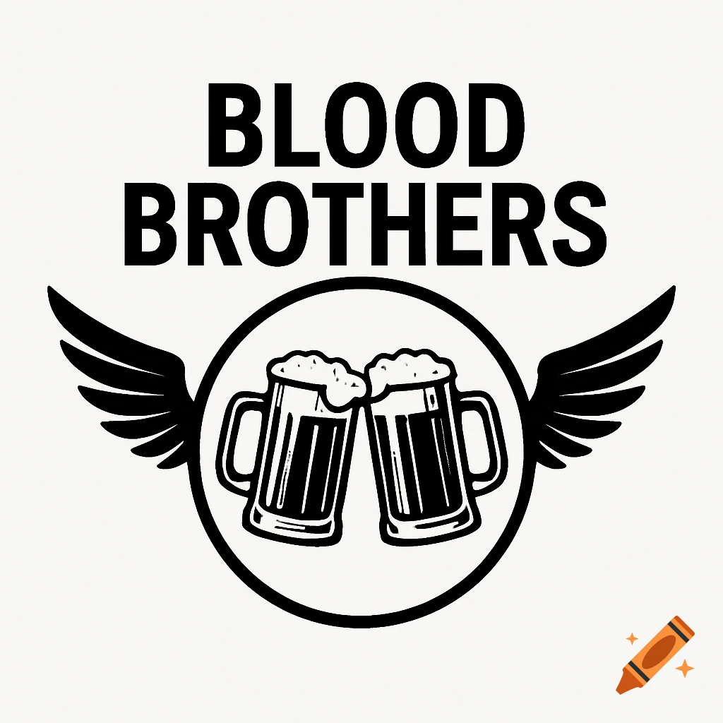 Black and white logo with 'BLOOD BROTHERS' text above two clinking beer mugs, all within a winged circle.