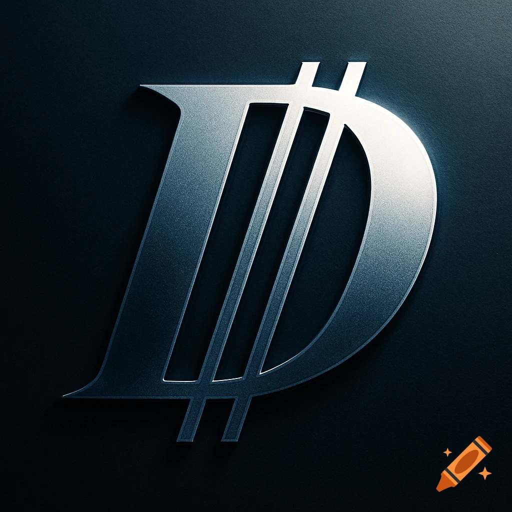 A shiny metallic, italicized letter D with two vertical lines crossing it, like a dollar sign, on a dark background.