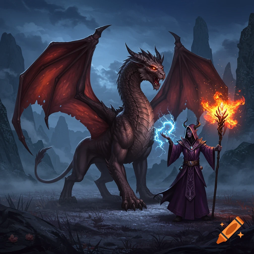 A purple-robed wizard casts lightning and wields a fiery staff beside a large, horned dragon with red wings in a dark fantasy landscape.