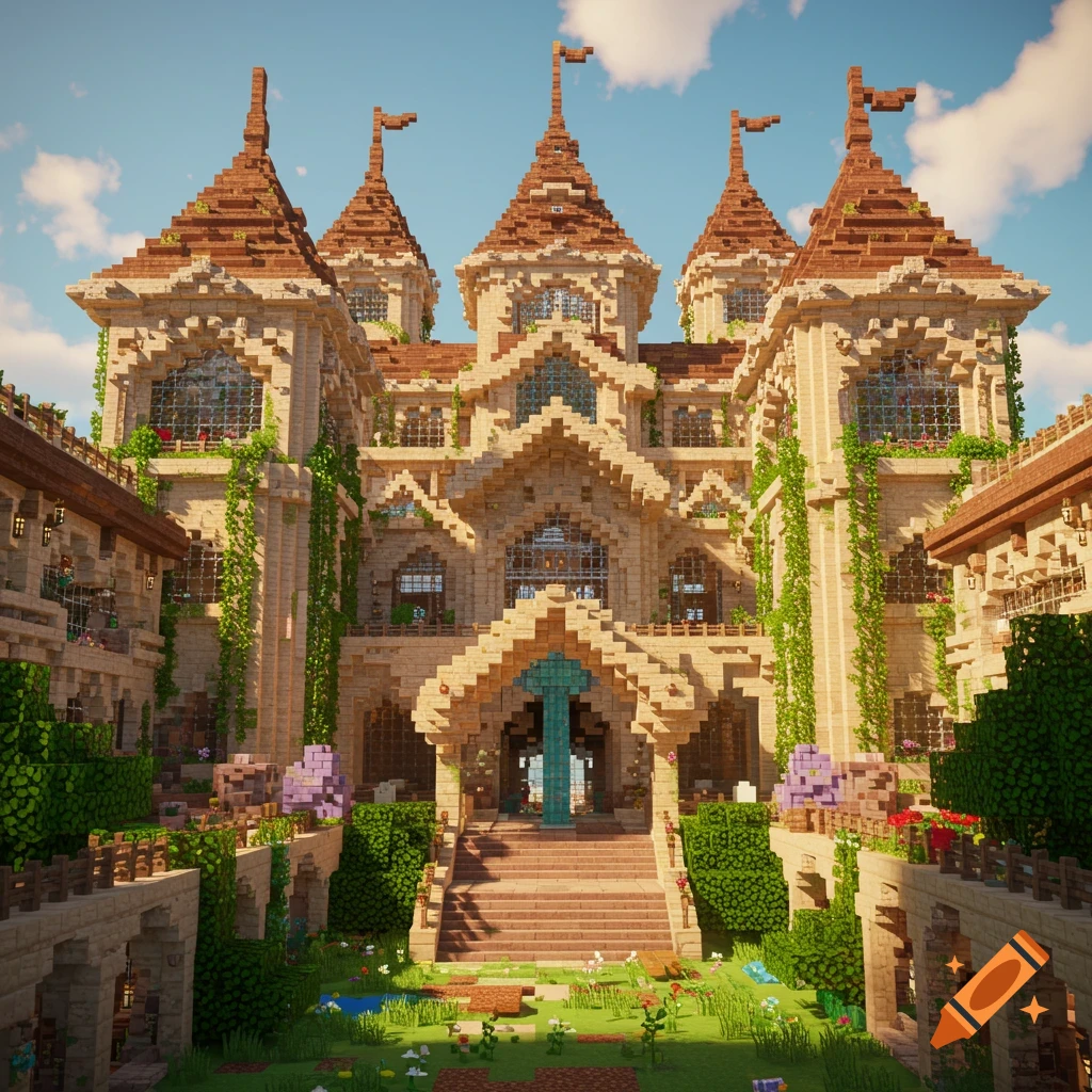 A grand Minecraft castle with multiple towers, intricate blockwork, red roofs, and green vines, set in a sunny garden.