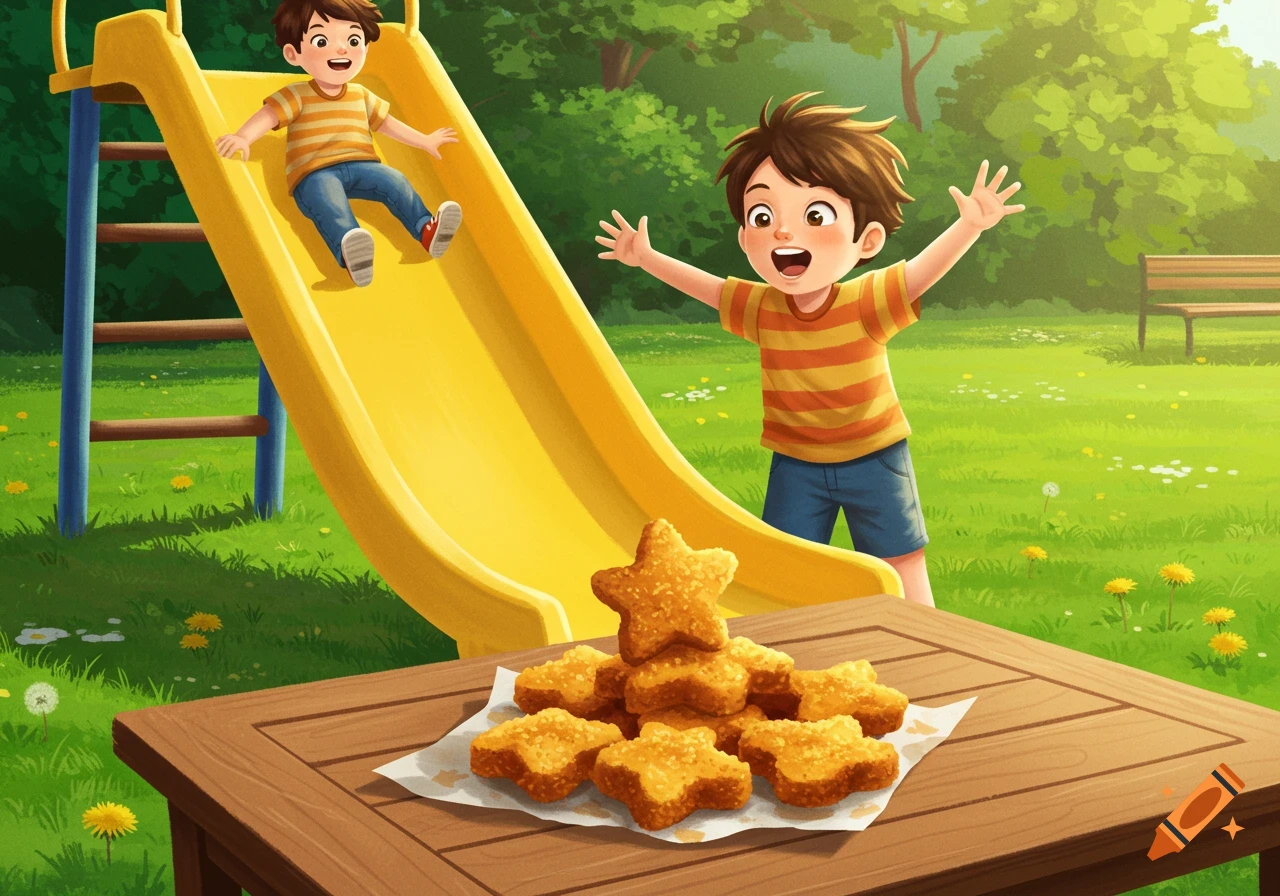 A cartoon boy slides down a yellow slide in a park while another boy excitedly stands near a table with star-shaped chicken nuggets.