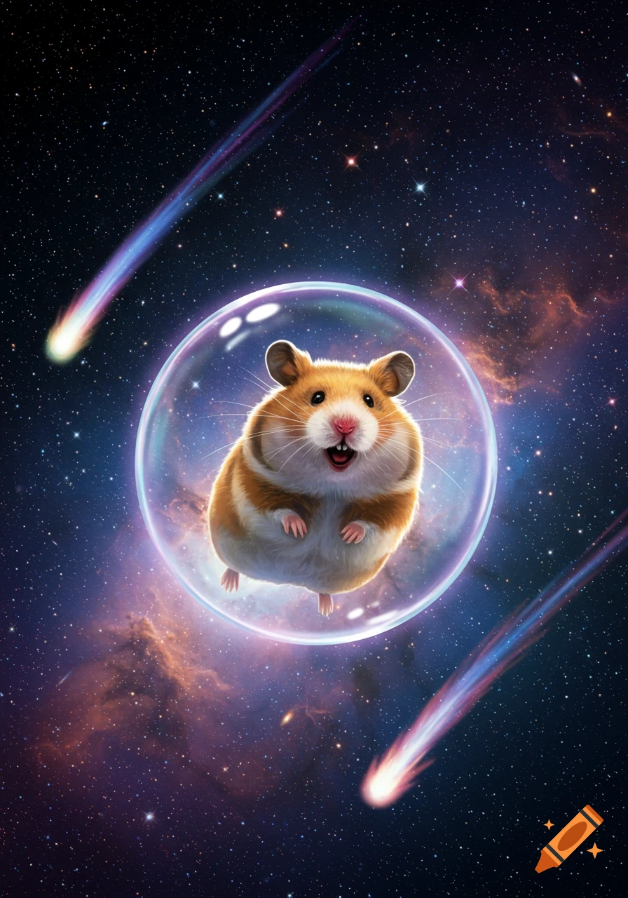 A cute, fluffy hamster smiling inside a clear bubble, floating through a vibrant, star-filled outer space with colorful streaking comets.