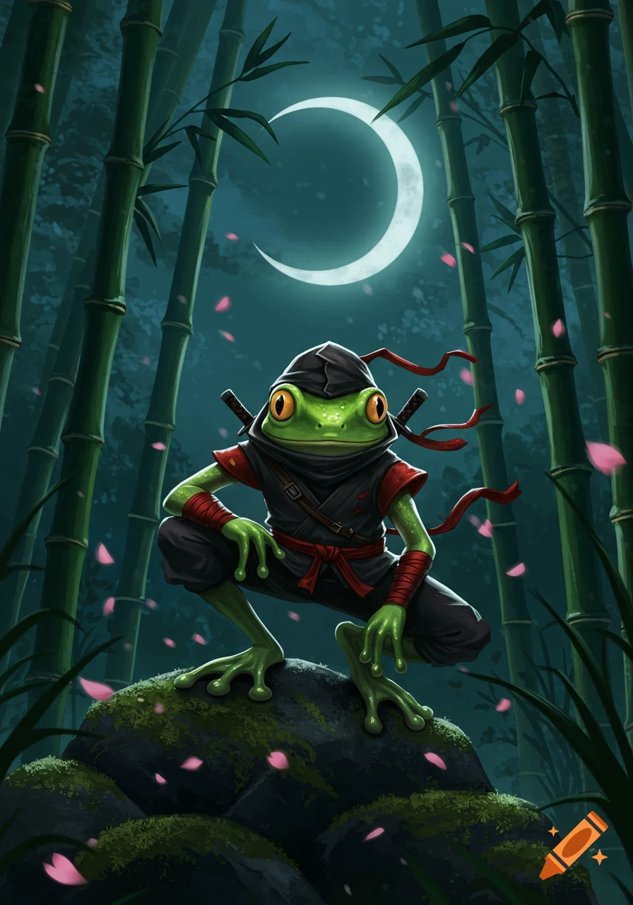 A cartoon ninja frog crouches on a mossy rock in a bamboo forest under a crescent moon with pink petals falling.