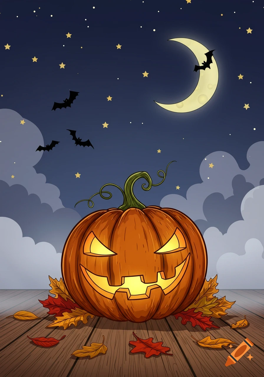 Cartoon jack-o'-lantern with autumn leaves on wooden planks under a starry night sky with a crescent moon and bats.