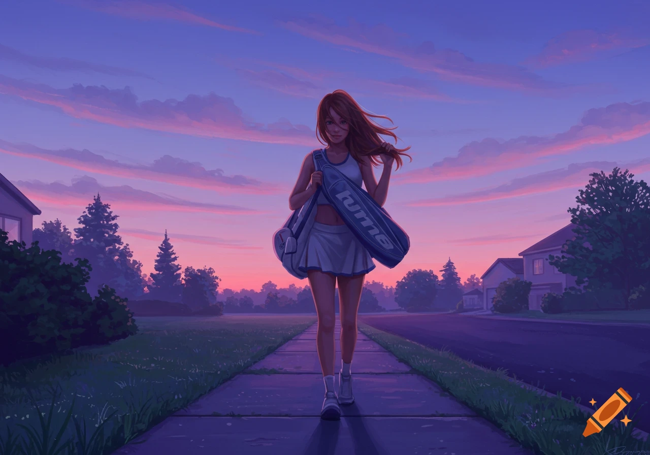 An anime girl in tennis attire walks down a suburban sidewalk at dawn, carrying a tennis bag under a purple and pink sky.