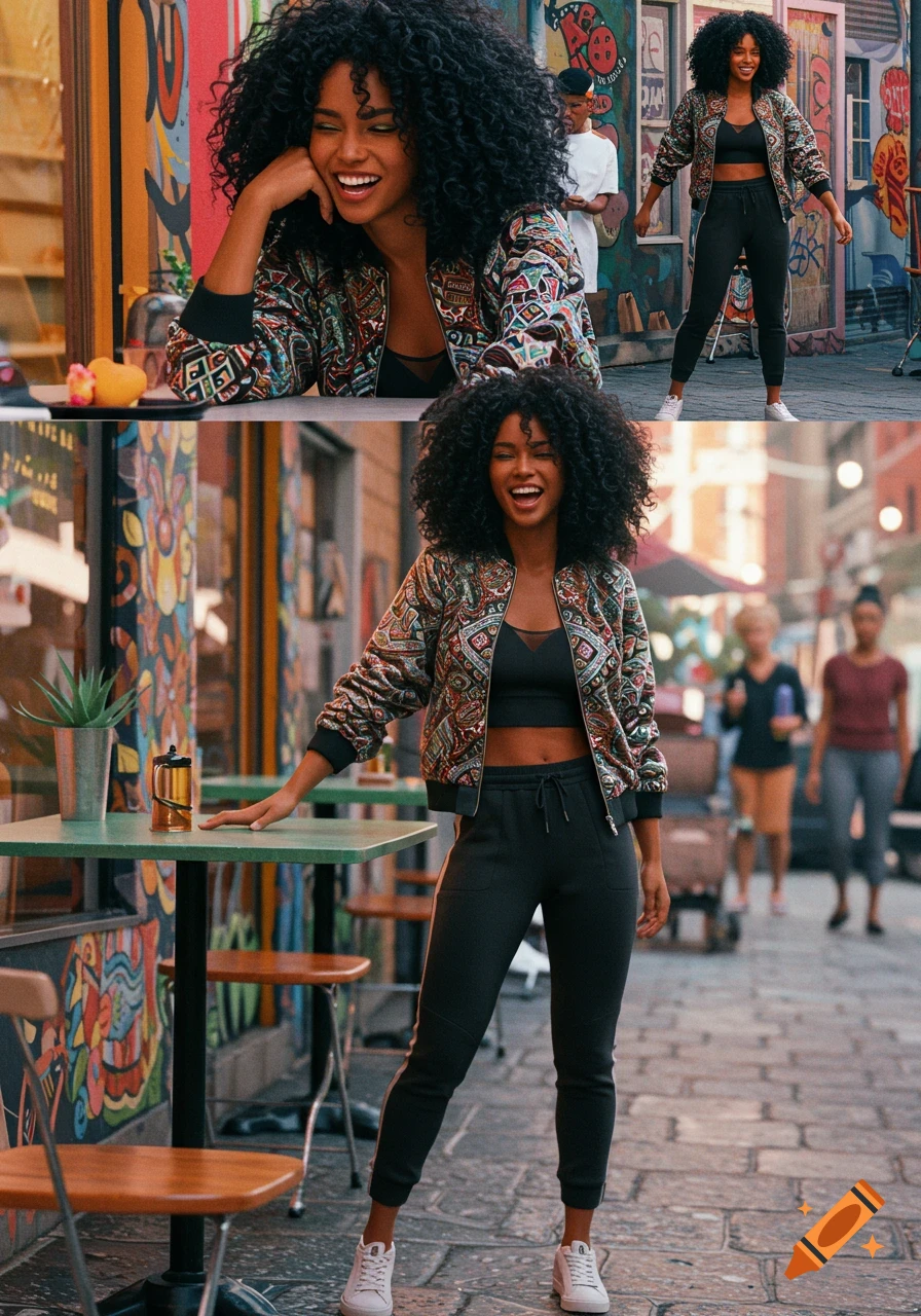 Energetic Black woman with curly hair in a colorful patterned jacket and black joggers, smiling in a trendy street with graffiti art.