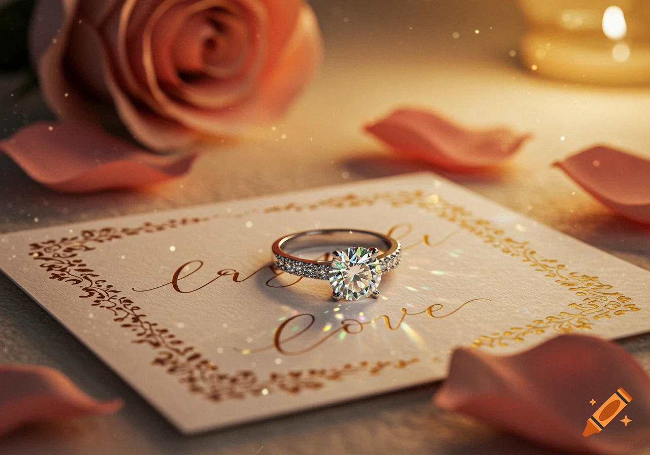 A diamond engagement ring rests on a card with a rose and petals in a warm, romantic setting.
