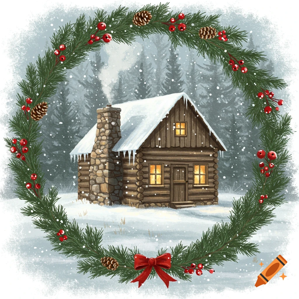 A snow-covered log cabin in a forest, framed by a festive Christmas wreath with pinecones and red berries.
