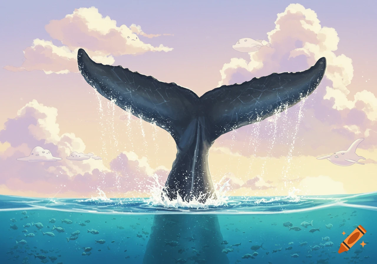A humpback whale tail splashes in the ocean, with fish, whimsical clouds, and flying creatures in a Studio Ghibli style.