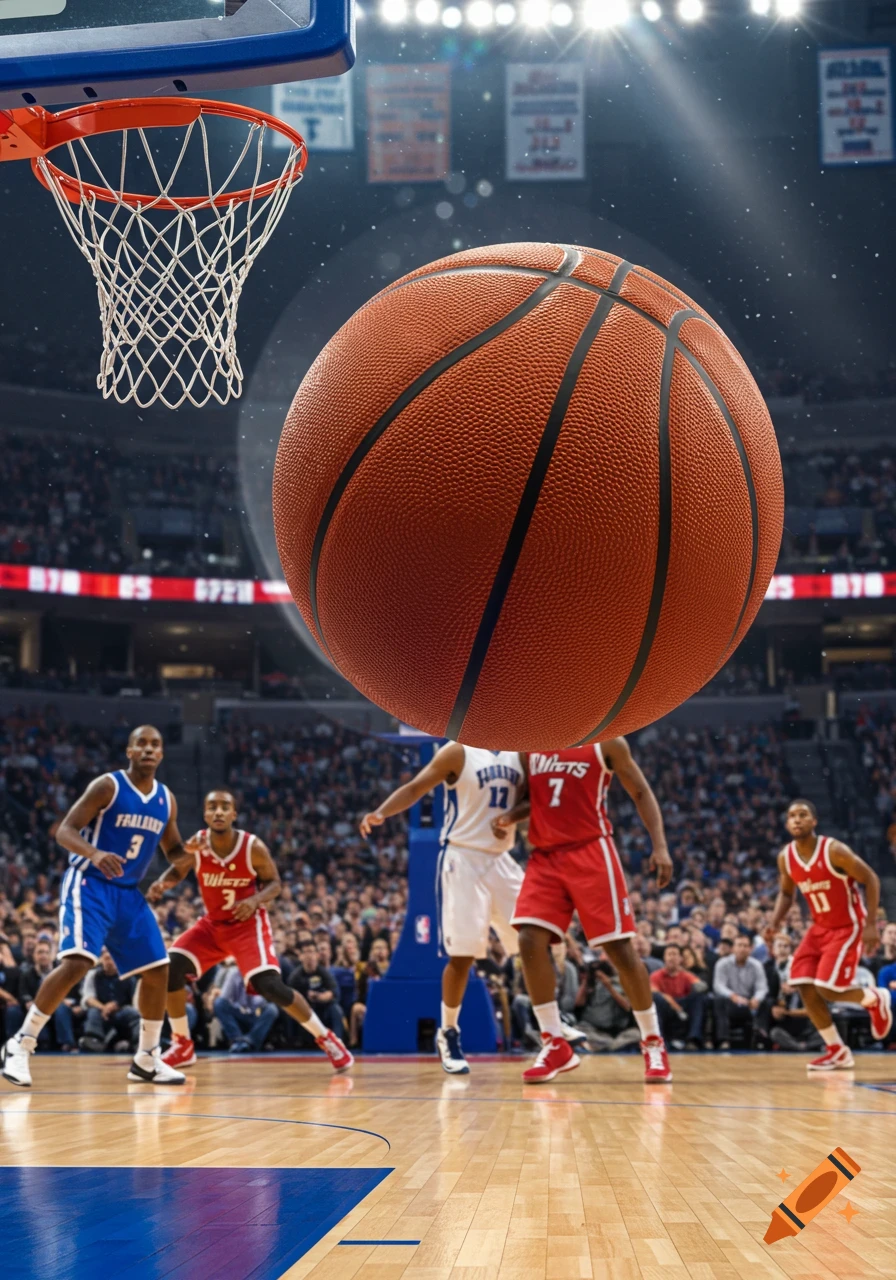 A giant basketball hovers over players on a court during a game, with a net in the upper left and a stadium crowd in the blurred background. The image is a photorealistic shot from a low angle.