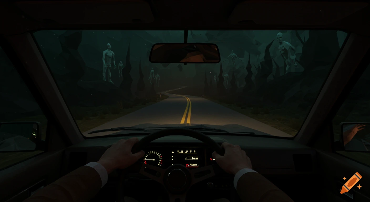 First-person view from a car at night, hands on the steering wheel, driving on a dark road with creepy low-poly figures in the landscape.