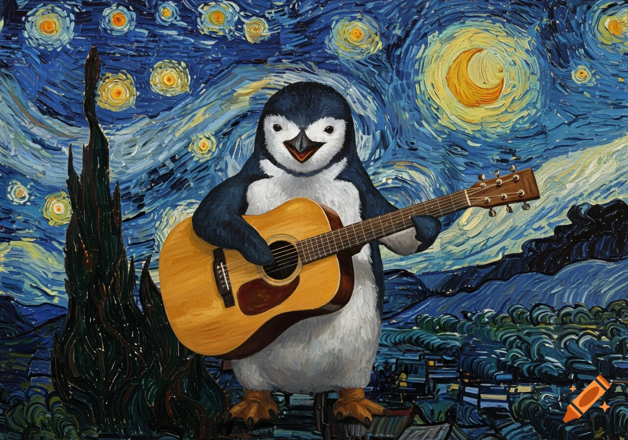 A cartoon penguin with a big smile plays an acoustic guitar, set against a swirling blue and yellow night sky in the style of Van Gogh's Starry Night.