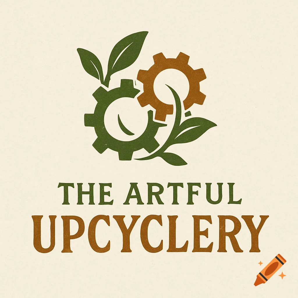 A logo with two gears, one green and one brown, intertwined with green leaves, above the text 'THE ARTFUL UPCYCLERY'.
