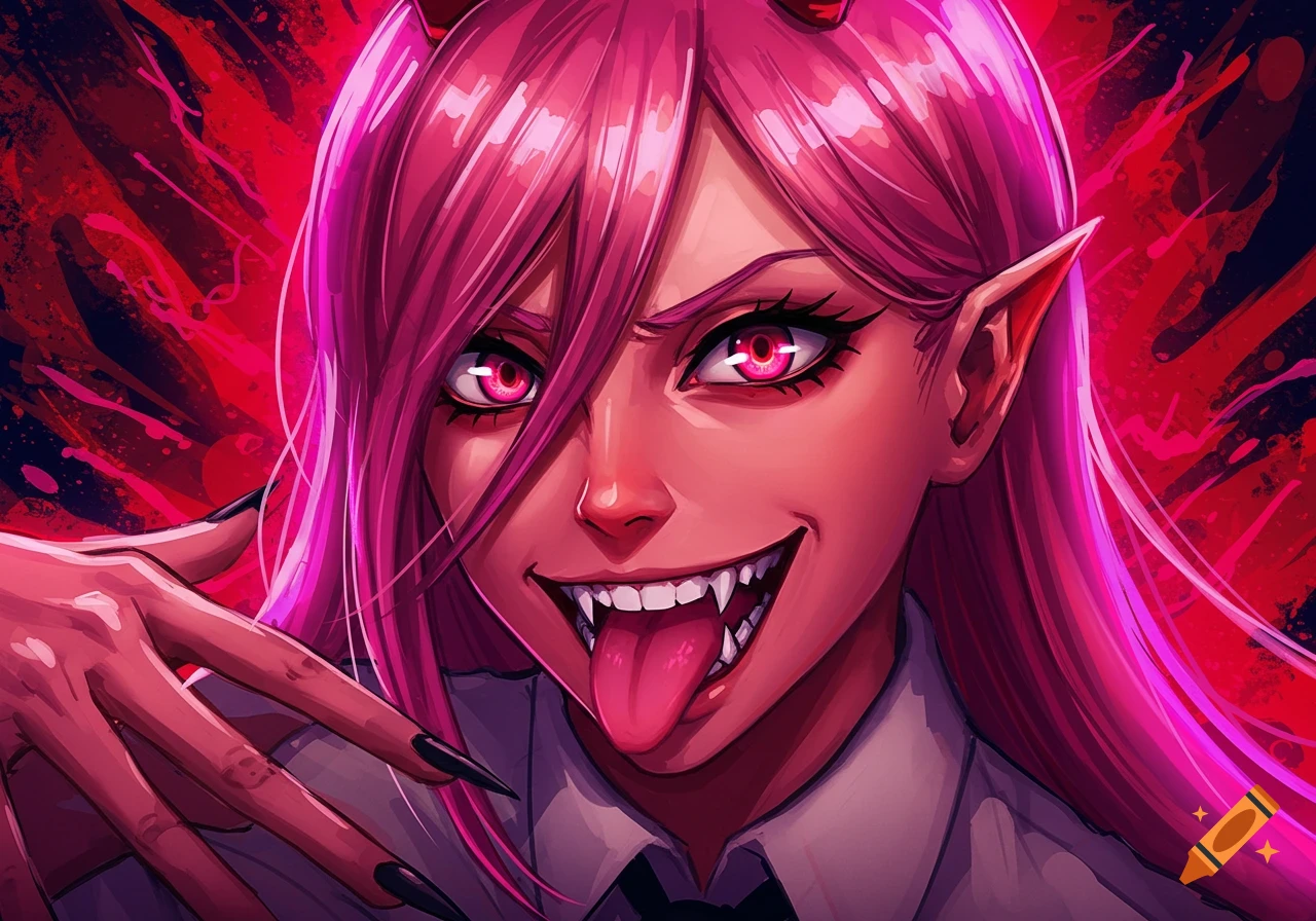 Close-up anime illustration of Power from Chainsaw Man, with pink hair, red horns, glowing pink eyes, sharp teeth, and tongue sticking out on a red splattered background.