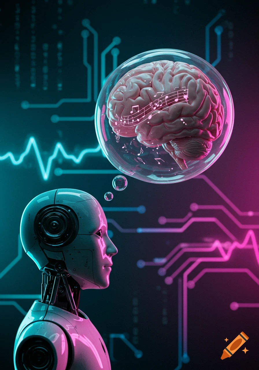 A robot's profile in neon pink and blue light with a thought bubble showing a brain with glowing music notes on a circuit board background.
