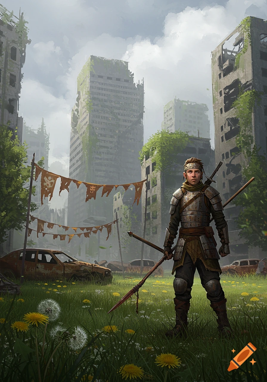 A young warrior in armor stands in a vibrant green field of dandelions before a ruined, overgrown city, digital art.
