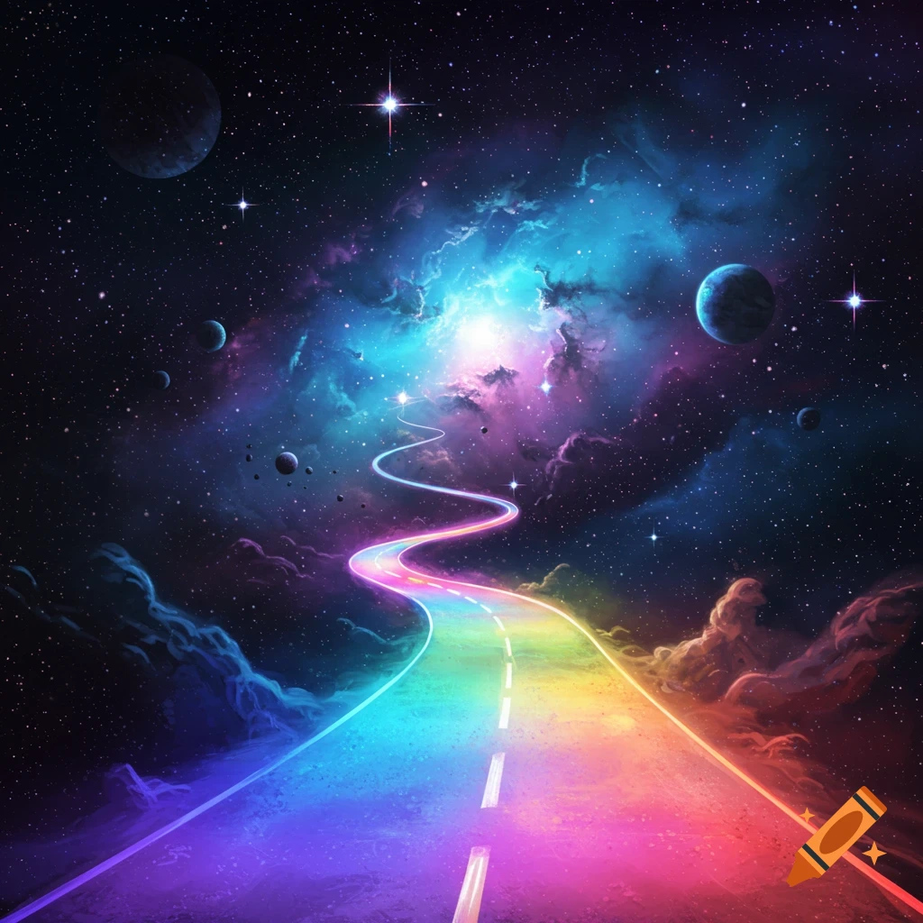 A vibrant rainbow road winds through a dark starry cosmos with planets and colorful nebulae.