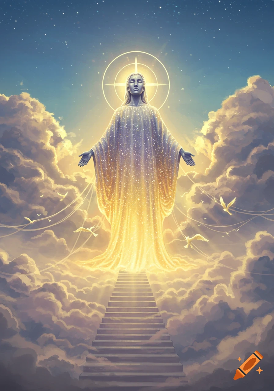 A divine figure in a sparkling golden robe stands on a stairway of clouds, emanating light against a starry sky.