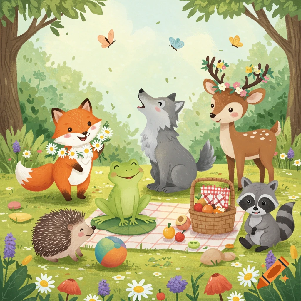 Cartoon forest animals, including a fox with flowers, a wolf, frog, hedgehog, deer, and raccoon, enjoy a picnic in a sunny clearing.