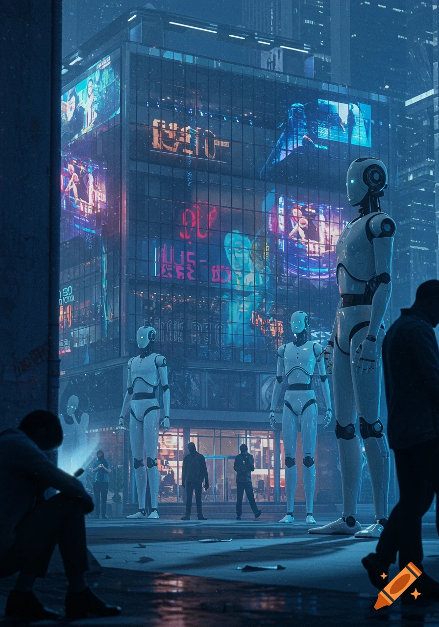 A photorealistic depiction of large robots dominating a futuristic city street at night, with humans in the background.