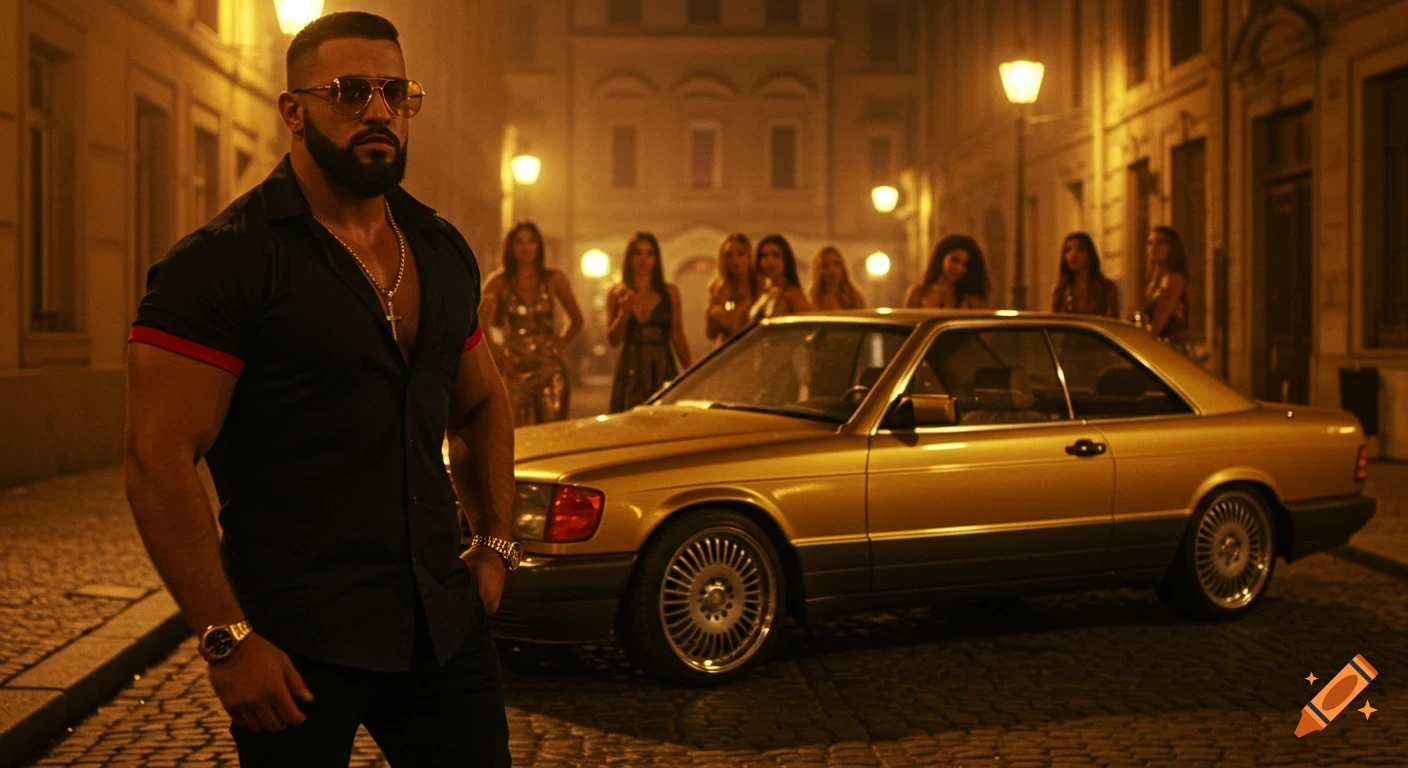 Muscular man in sunglasses and gold chain stands next to a gold Mercedes on a cobblestone street at night, with women in the background.