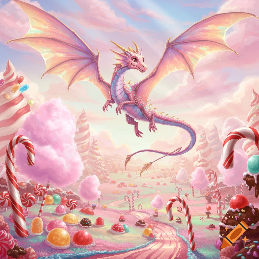 A pink and blue dragon with large wings flies over a whimsical Candyland filled with oversized lollipops, cotton candy, and sweets under a pastel sky.