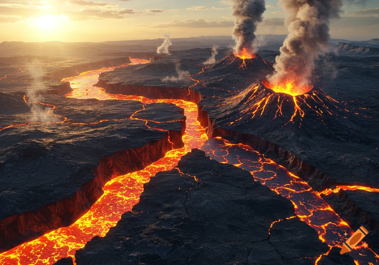 Aerial view of a dramatic volcanic landscape with multiple erupting volcanoes, extensive lava flows, and fissures under a glowing sunset.
