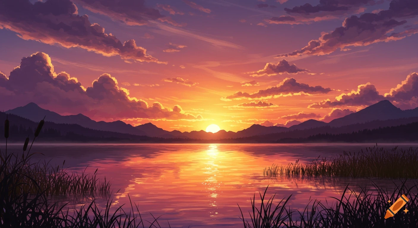 A vibrant anime-style sunset illuminates a calm lake bordered by mountains and reeds, reflecting orange and purple clouds.