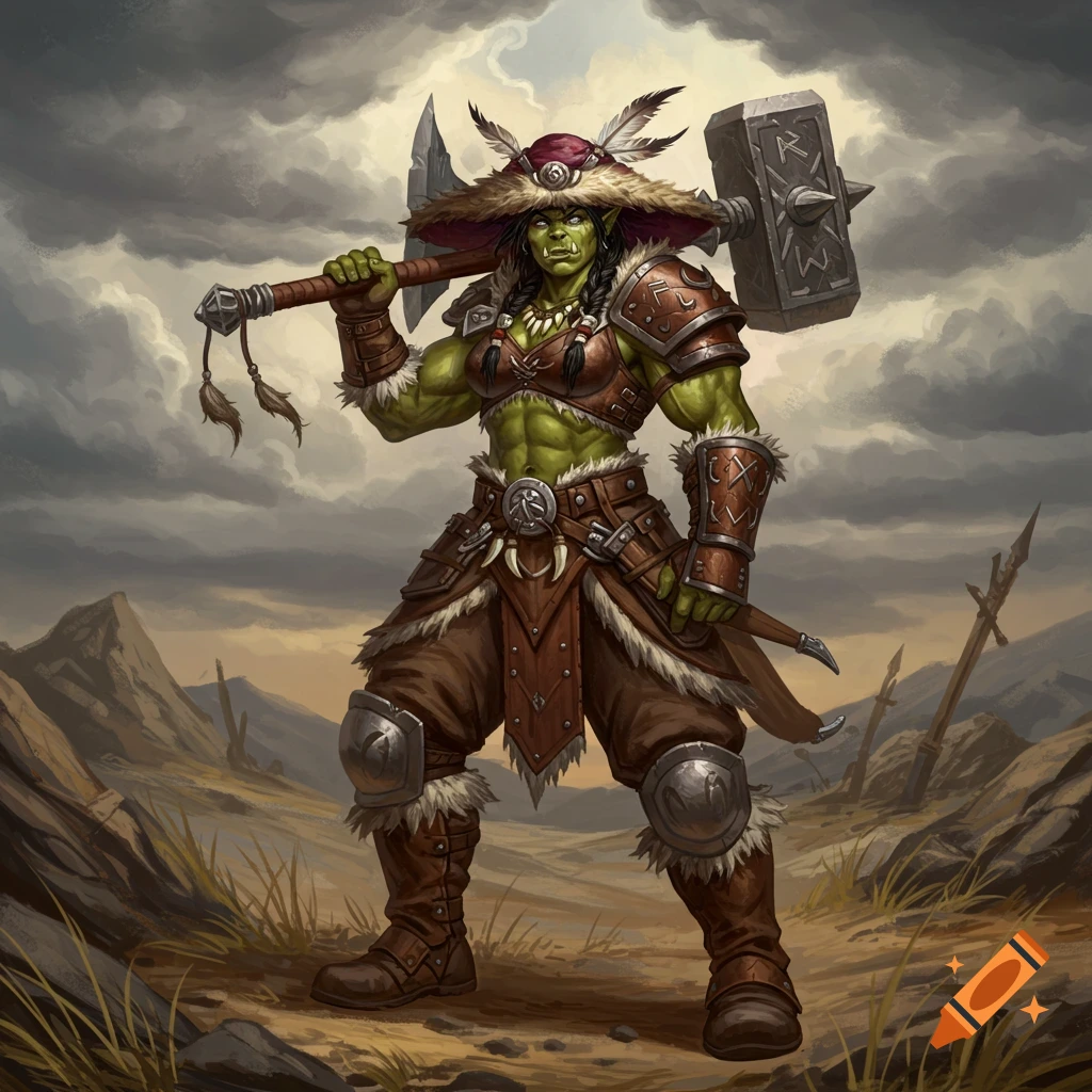 Green-skinned female orc barbarian with a fur-trimmed hat, leather armor, and a warhammer, standing in a desolate landscape.